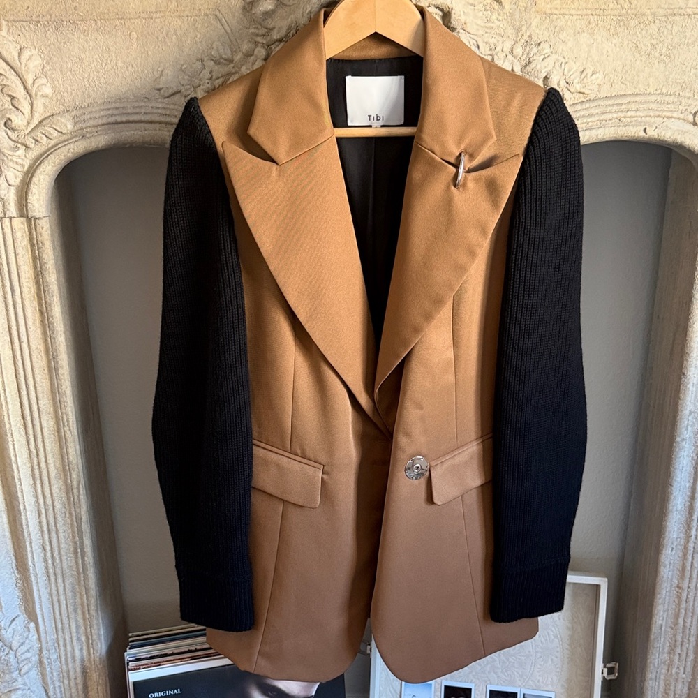 Tibi Techy Twill Long Peaked Lapel Blazer in Camel & Black Multi